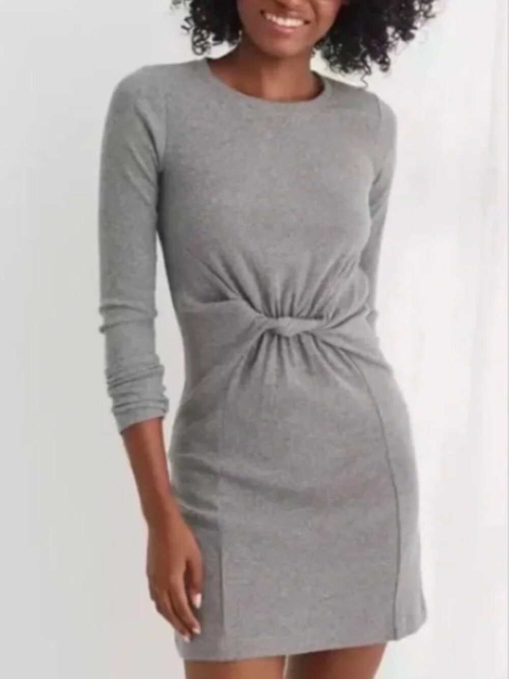 Gray Ribbed Twist Front Pullover Long Sleeved Mini Dress, aerie